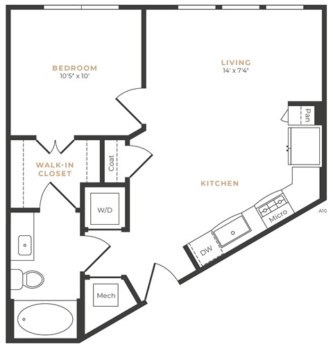 Floor plan for 1 bed, 1 bath, 593 sqft